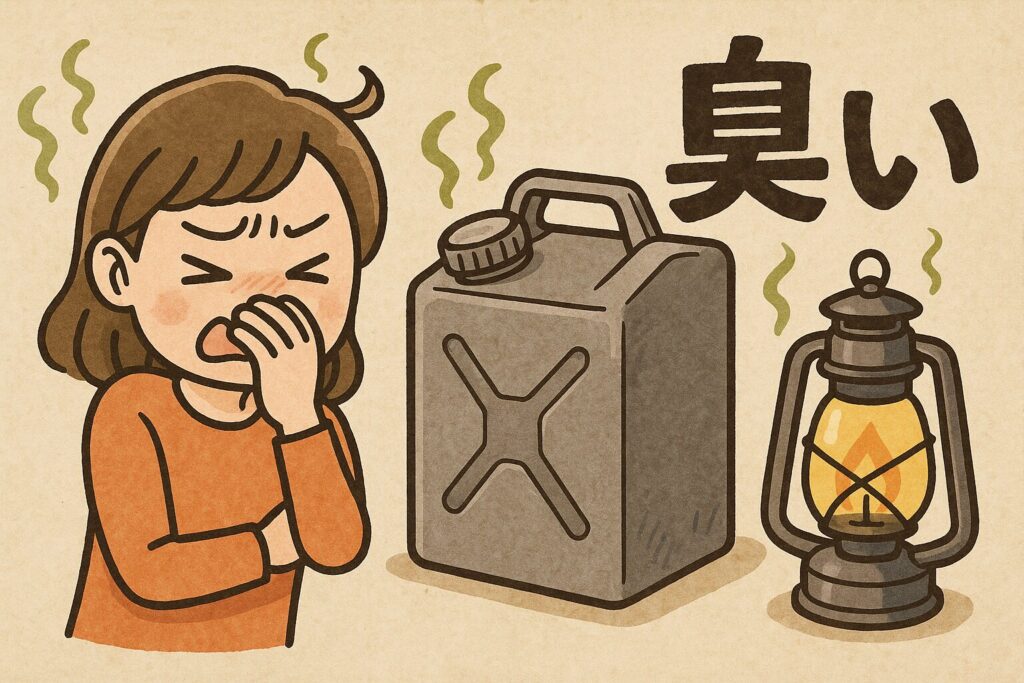 灯油のにおいに思わず鼻を押さえて不快そうにしている女性と、においを放つ灯油缶・ランタンが並んでいる様子を描いたイラスト