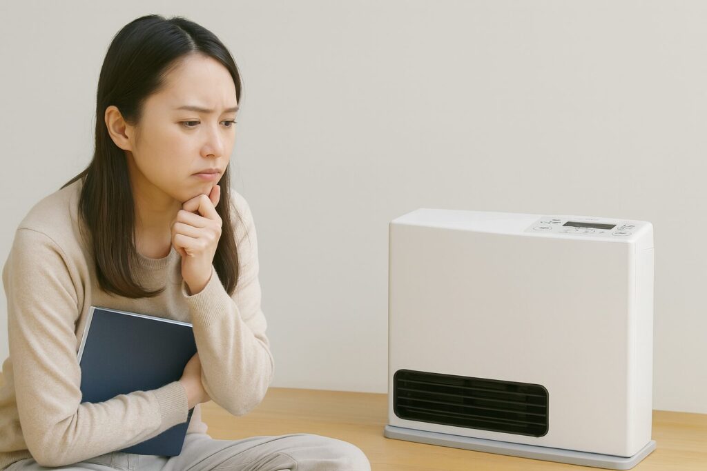 ガスファンヒーターを前にして、修理するか買い替えるか悩んでいる女性が床に座って考え込んでいる様子を描いたイラスト。