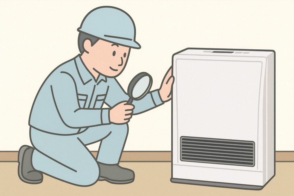 ガスストーブの前で作業員が点検作業をしている様子を描いたイラスト。作業員が本体下部の吹き出し口付近を確認している場面。