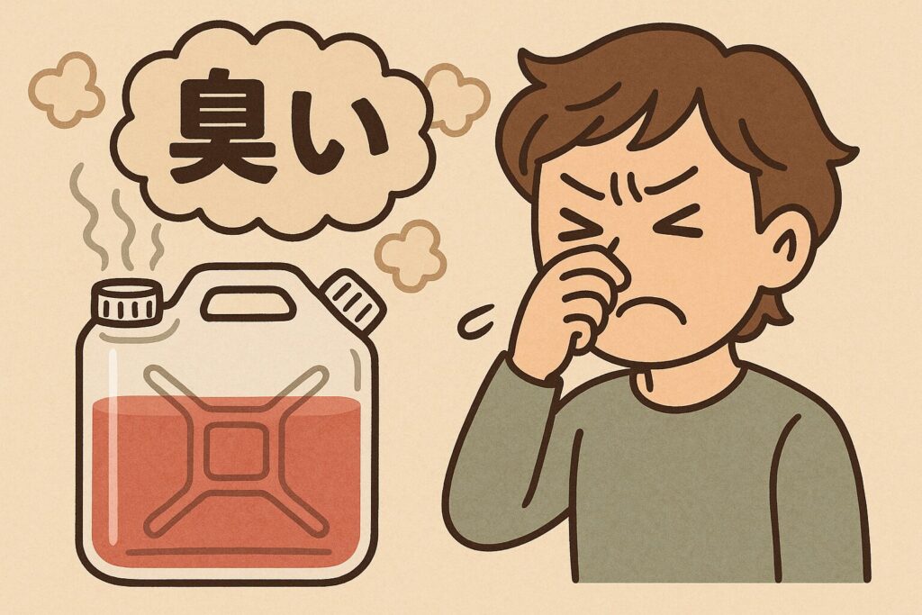 灯油缶から立ち上るにおいに顔をしかめて鼻をつまむ人物のイラスト