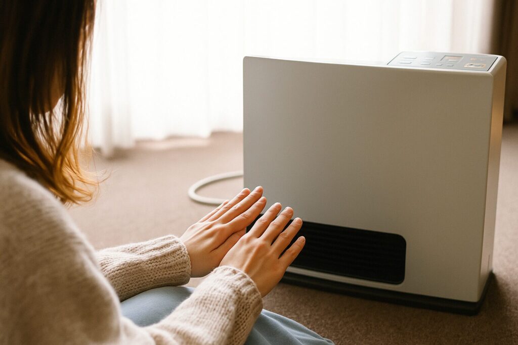 ガスファンヒーターの前に座り、手を近づけて温まっている女性の様子。室内の床に設置された暖房機からの温風で手を温めているシーン。