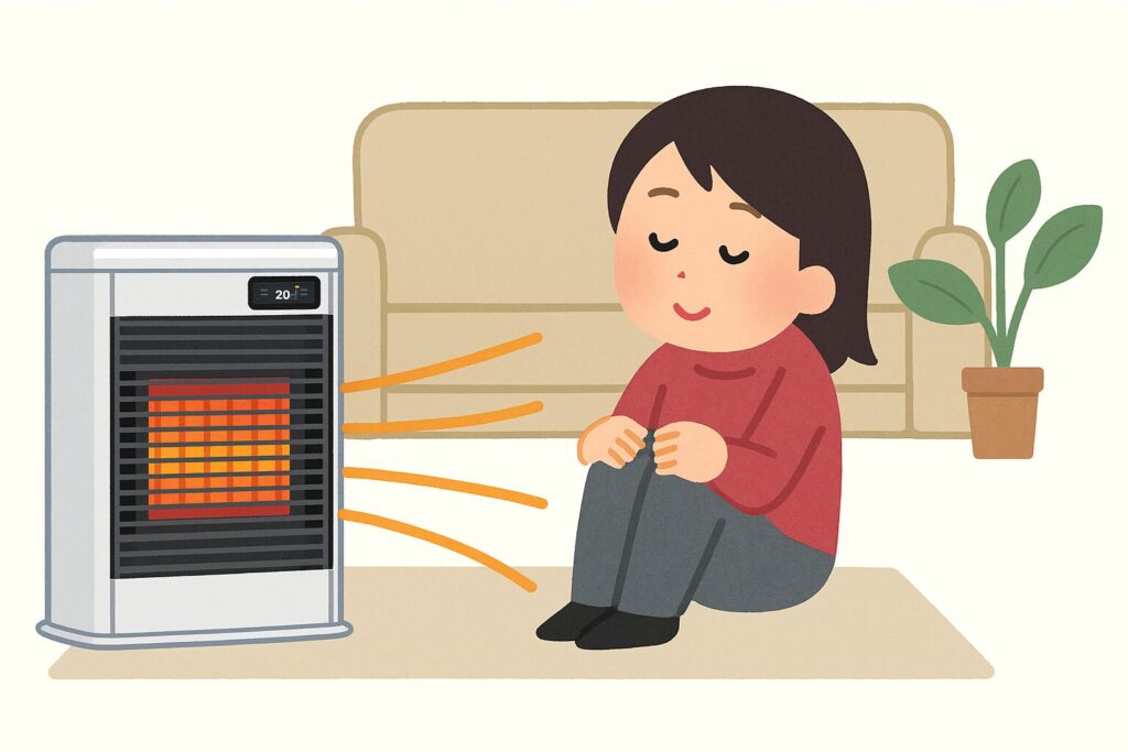 ストーブの温かさに包まれてリビングでくつろぐ女性のイラスト。暖房の前で穏やかに過ごす冬の室内の様子。