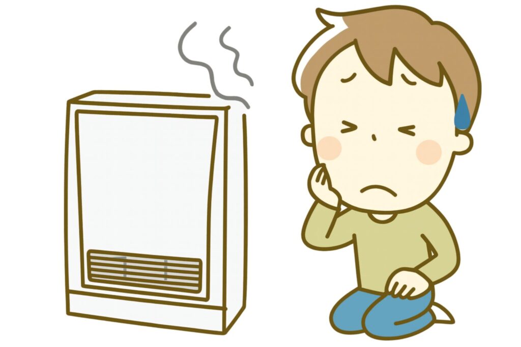 故障した暖房機器の前で、原因が分からず困った表情をしている人物のイラスト