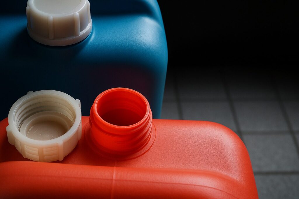 赤と青のポリタンクが床に並んでいる様子を写した横長の写真。灯油の保管や取り扱いをイメージさせる落ち着いた雰囲気の構図。