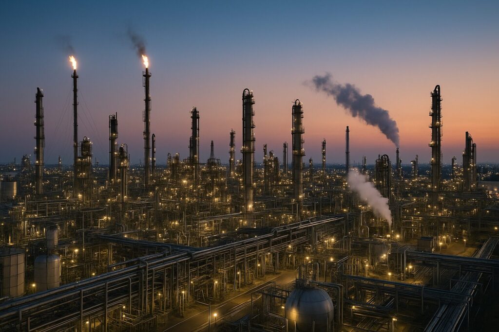 広大な石油化学コンビナートを夕暮れ時に俯瞰した光景で、無数の配管や装置が照明に照らされ、煙突からは炎や蒸気が立ち上る産業的な風景を描いた画像