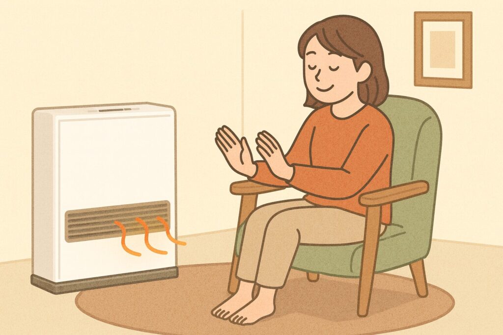 壁際に設置されたガスストーブの温風で手を温めながら穏やかに過ごしている女性のイラスト