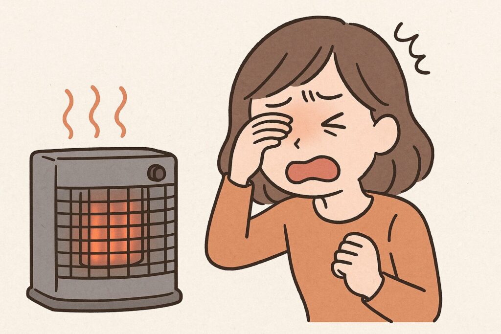 ストーブの熱で目の痛みを感じ、片手で目を押さえてつらそうにしている女性と発熱しているストーブの様子を描いたイラスト