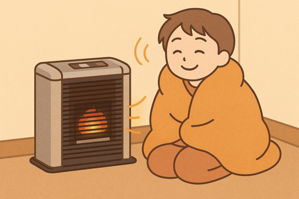 壁際に設置した暖房ストーブの前で、毛布にくるまって快適に過ごしている人物のイラスト