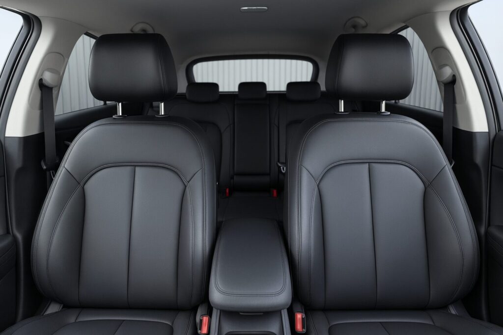 前席と後席をまっすぐ正面から捉えた車内の写真で、黒いシートとセンターアームレストが並ぶ落ち着いた室内の様子が写っている