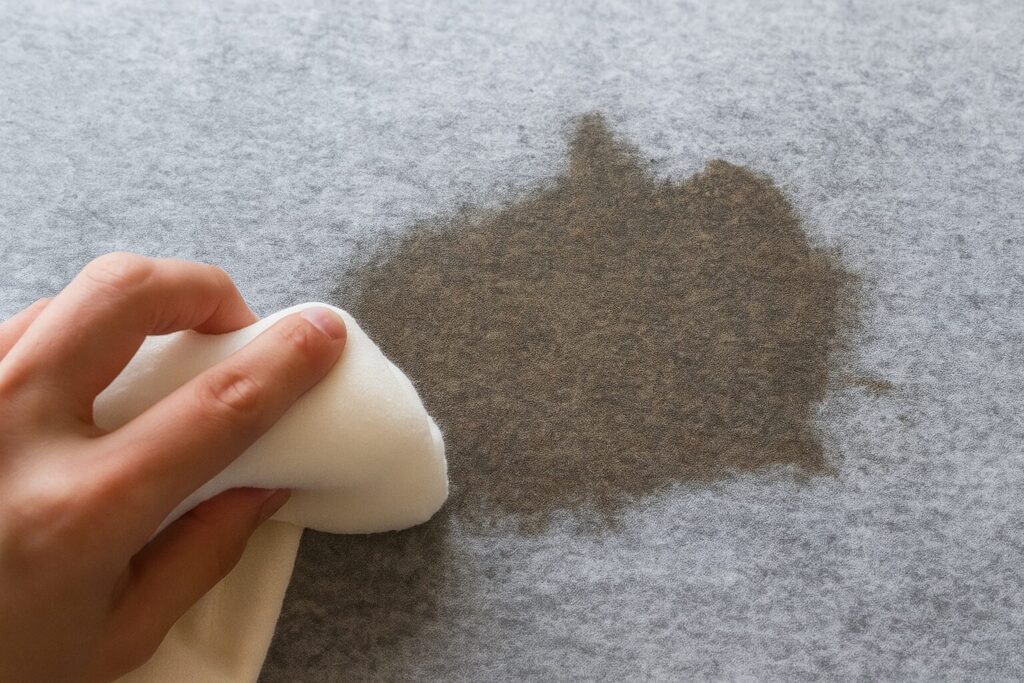 灰色のカーペットにできた濃いシミを、白い布で優しく押さえながら拭き取っている手元の様子。