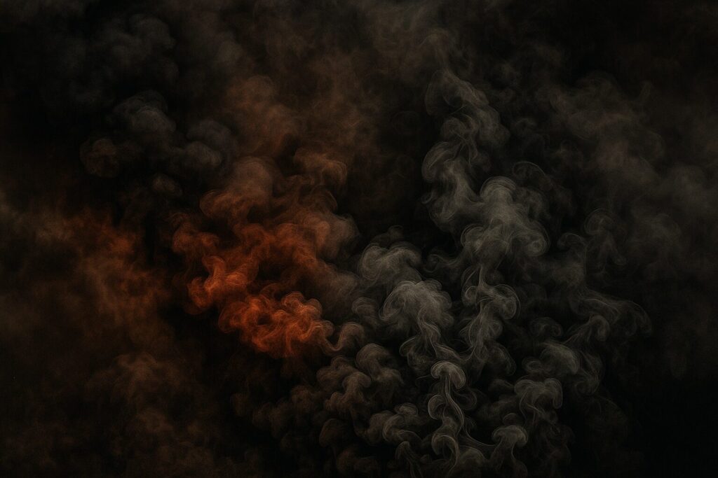 黒煙と焦げたような茶色い煙が入り混じり、焦げ臭さを連想させる濃い煙が広がっている様子を描いたイメージ。
必要であれば、人物が臭がっているバージョンにも再生成できますのでお申し付けください。