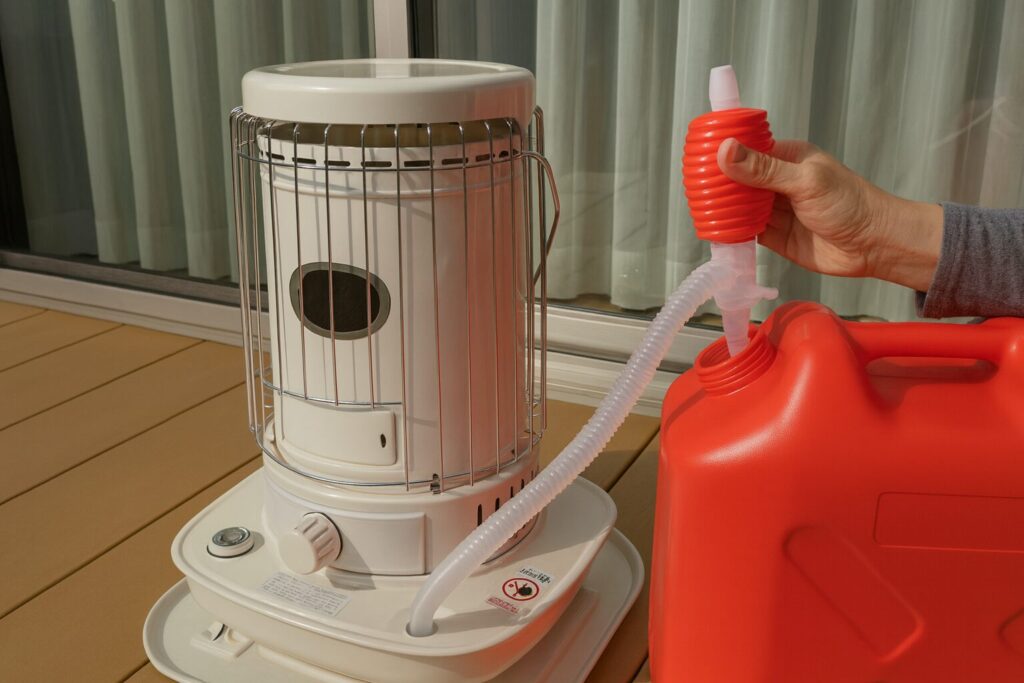 灯油ポンプを使って赤いポリタンクから対流式ストーブへ給油している様子を横長構図で写した画像。