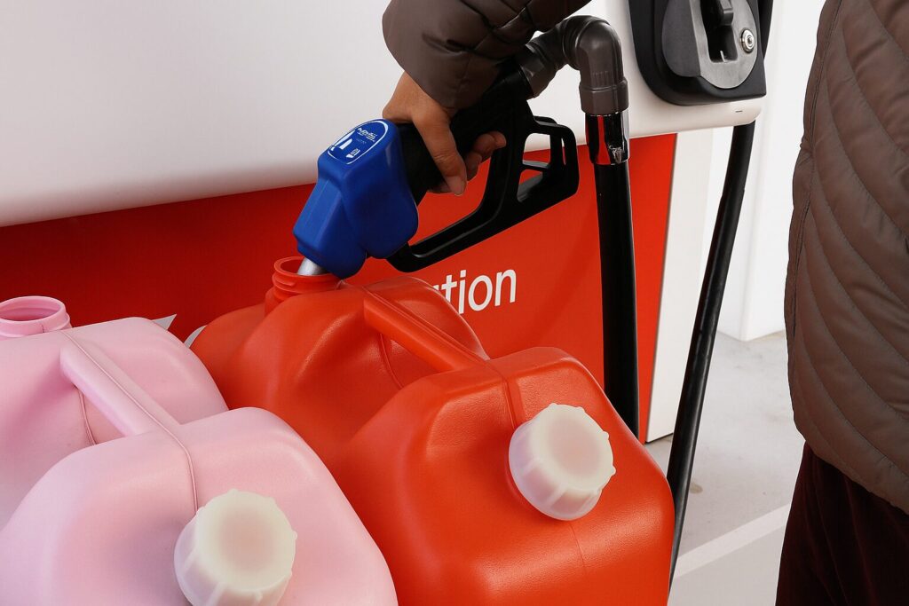 ガソリンスタンドでポリタンクに灯油を給油している様子。青いノズルを持つ手が見え、安全に給油を行っている場面を横長構図で写した画像。