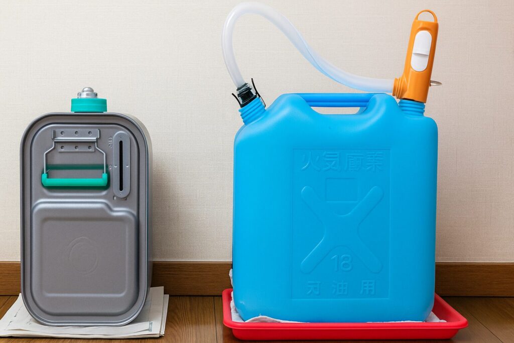 室内の床に置かれた灯油タンクとポリタンクを安全に保管している様子。青いポリタンクには電動ポンプが取り付けられ、下には新聞紙と受け皿が敷かれている。隣には金属製タンクが並び、整理された家庭環境を示している。