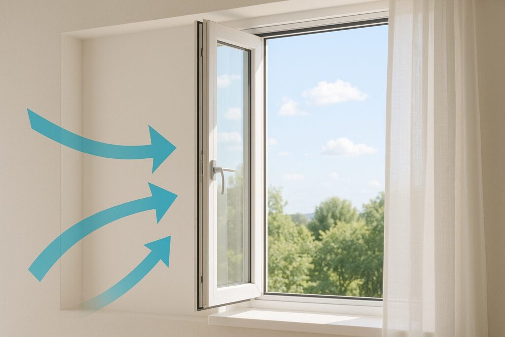 明るい部屋の窓を開けて換気している様子。白いカーテンが風で揺れ、外の青空と緑が見える爽やかな室内空間。