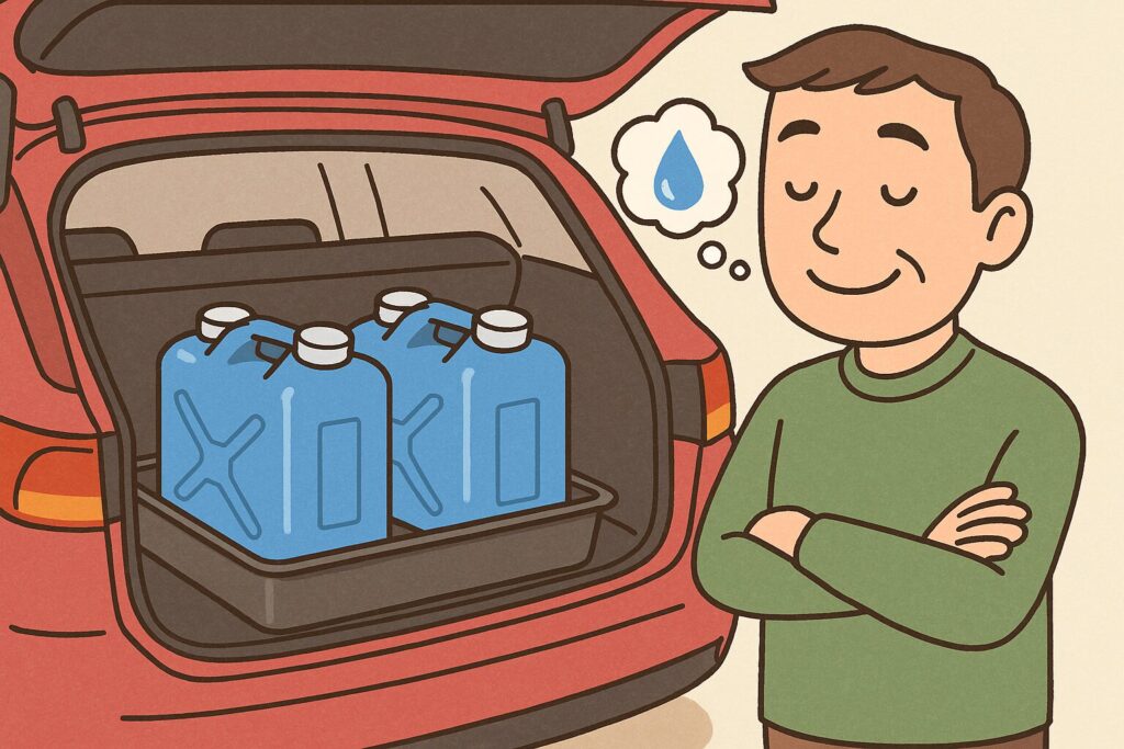 車のトランクを開けた中に黒い防油トレーが置かれており、その中に青い灯油ポリタンクが並んで入っている。男性が安心した表情でそれを見ている様子を描いたイラスト。