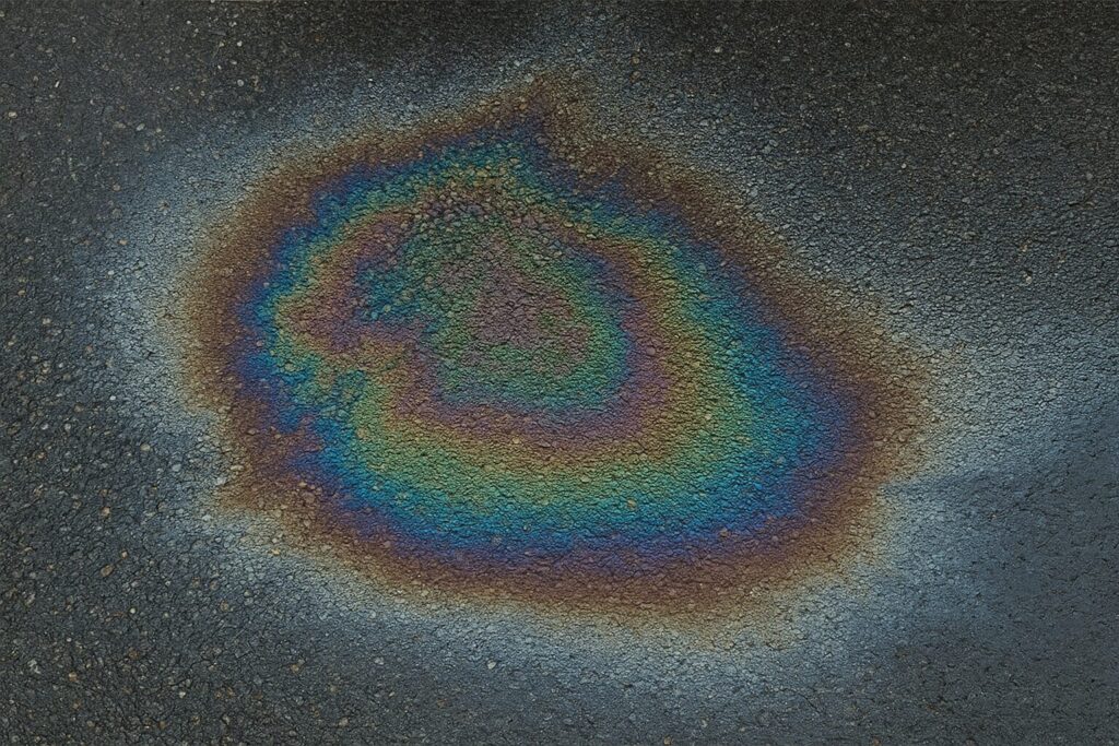 アスファルトの上にこぼれた灯油が虹色に光りながら広がっている様子を写した写真。油膜が薄く層を作り、紫や青、緑などの色が波紋のように見える。