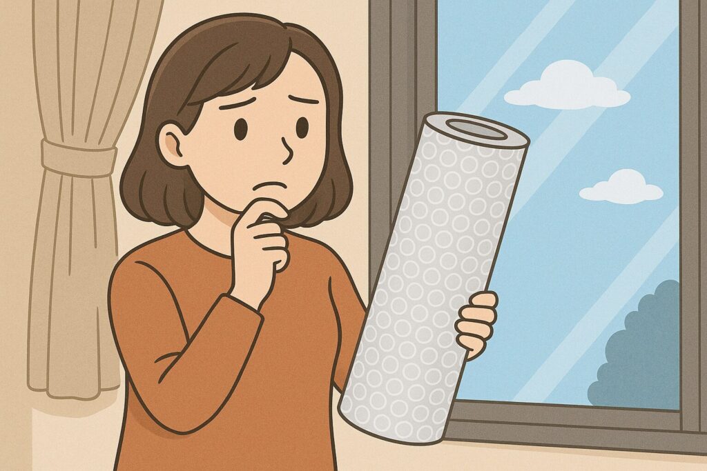 窓の前で断熱シートのロールを手に持ち、貼るべきかどうか悩んでいる人物のイラスト