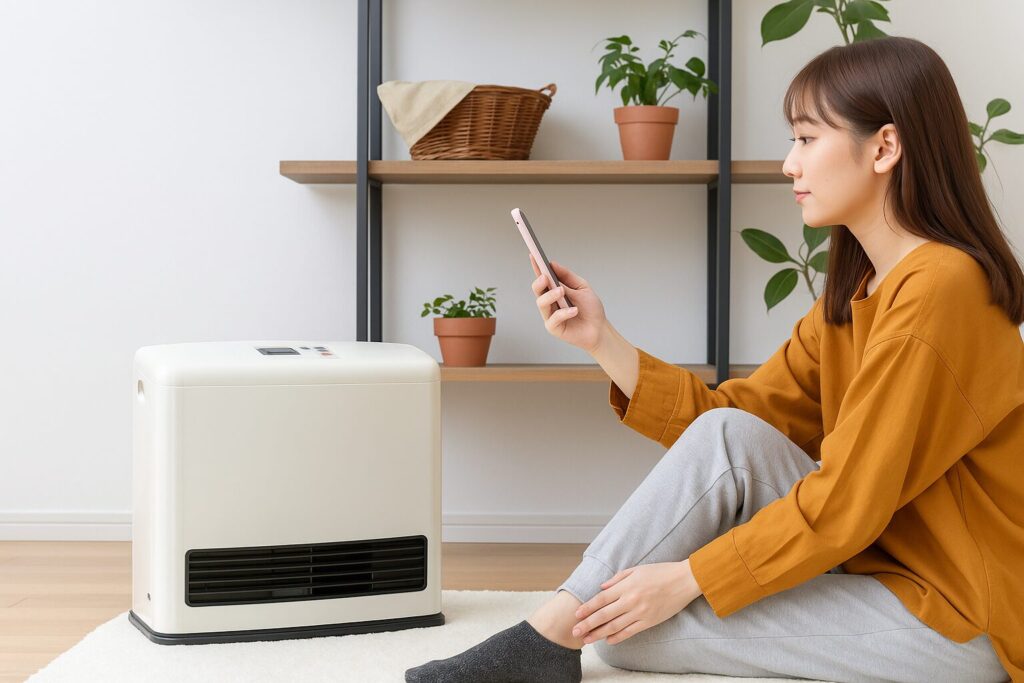室内で白いガスファンヒーターを前に座り、スマートフォンを操作している女性の様子を捉えたイメージ。棚には観葉植物やカゴが置かれ、温かみのある生活空間が表現されている。