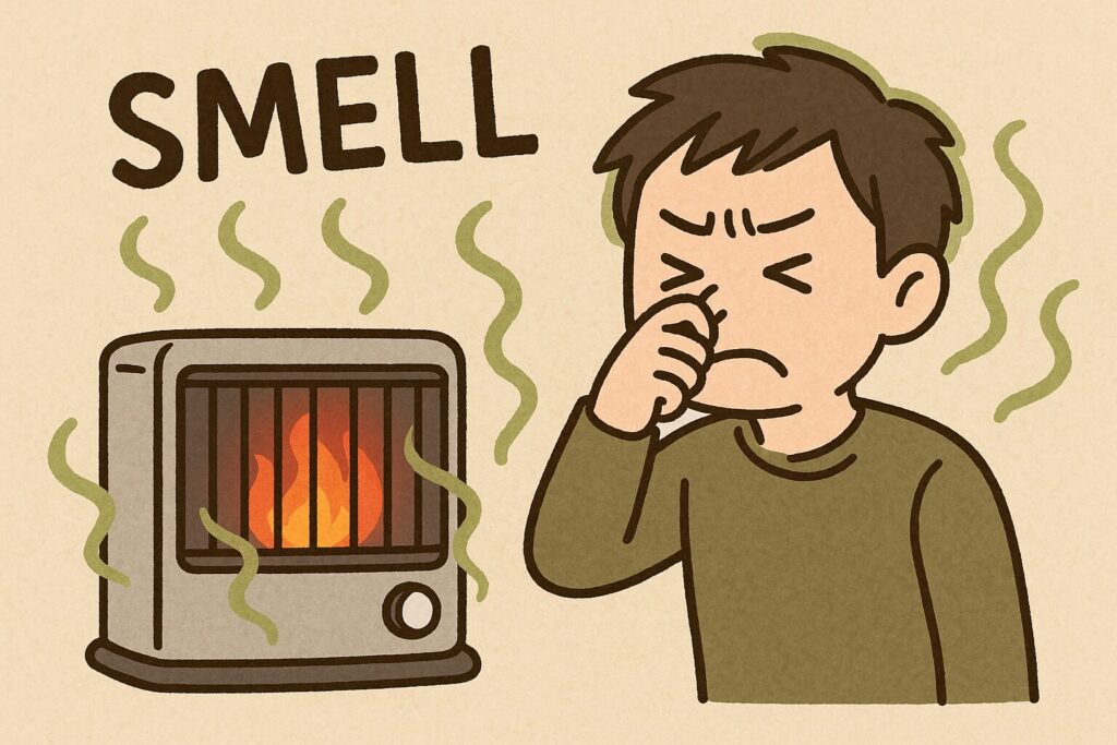 ガスストーブから立ち上るにおいに顔をしかめて鼻をつまむ男性のイラスト