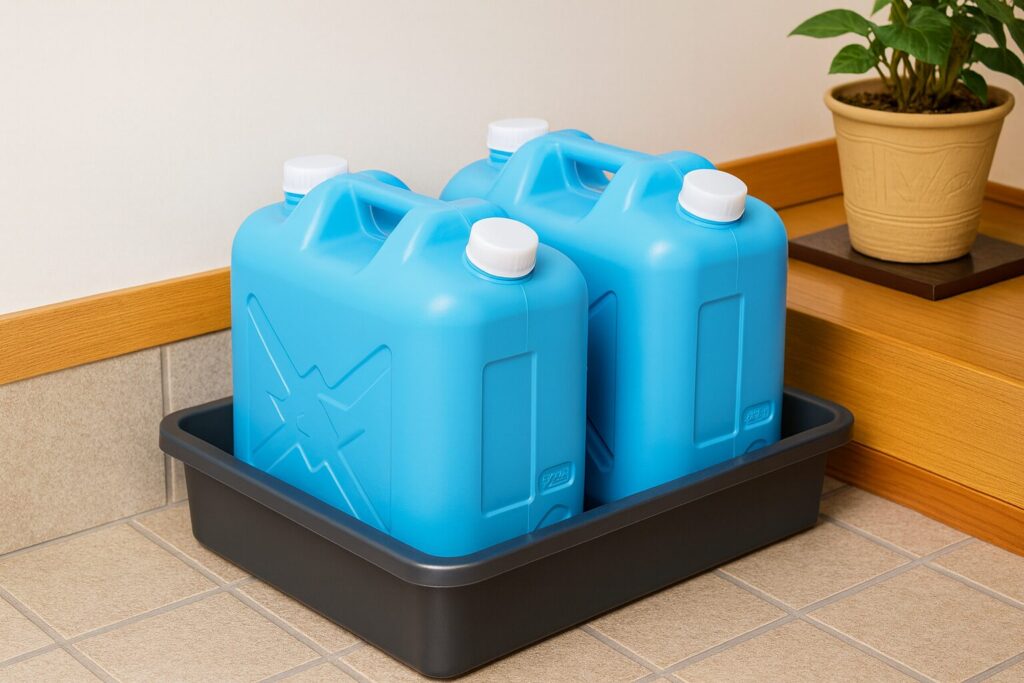 家の玄関に置いてある灯油のポリタンク2つの画像。こぼれないように受けを置いている。