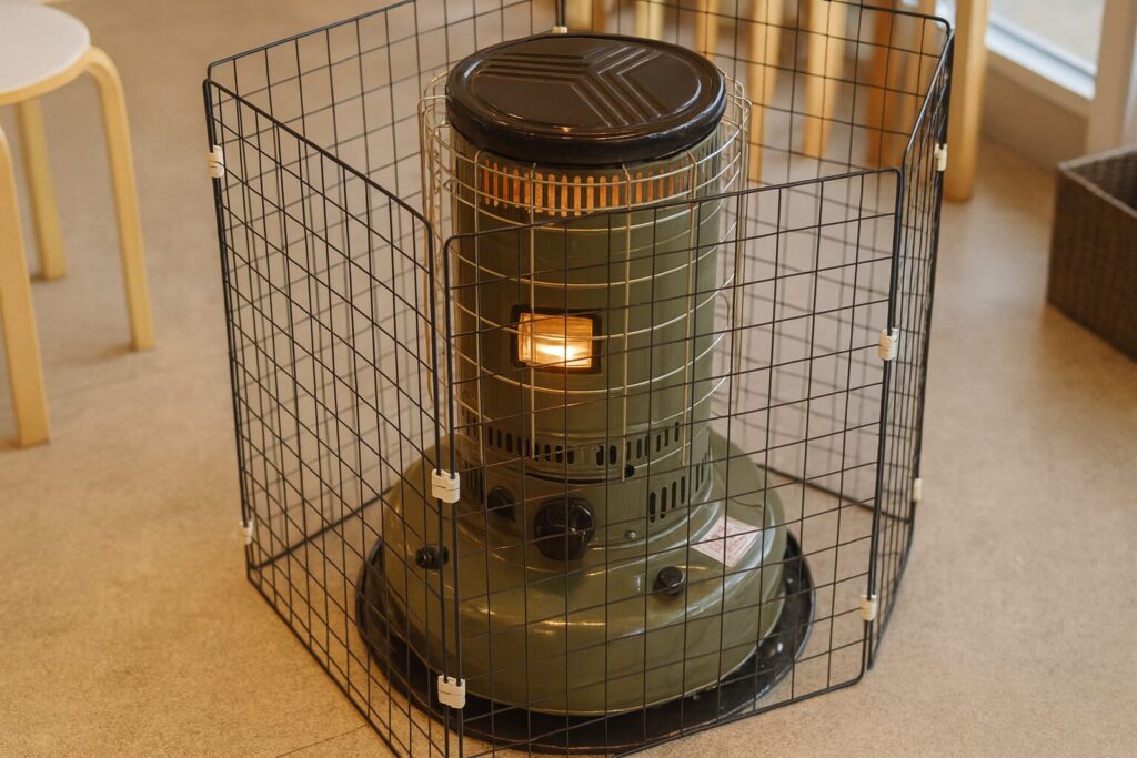 暖房中の対流式石油ストーブが安全ガードで囲われて設置されている様子を写した写真。ストーブ内部の炎が見え、周囲には椅子や室内の家具が置かれている。