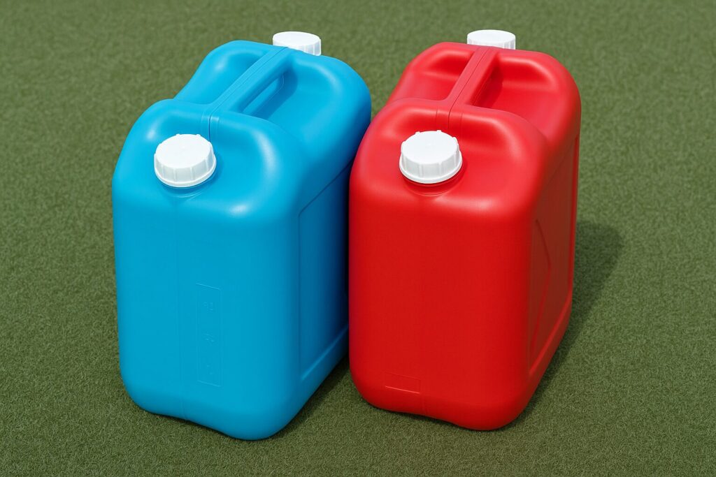 芝生の上に並べて置かれた青色と赤色のポリタンクが、白いキャップ付きで立てられている様子。