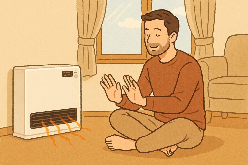 壁際に設置したガスファンヒーターの温風に手をかざしながら、床に座って快適に暖を取る男性のイラスト。窓とカーテン、ソファがある室内で穏やかに過ごしている様子が描かれている。
