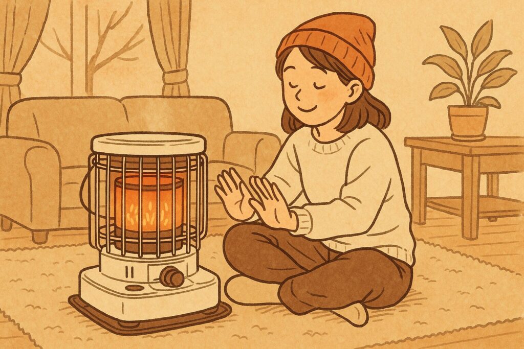 暖かい室内で、石油ストーブの前に座って手をかざしながら快適に暖をとっている人物のイメージイラスト。家具や観葉植物があり、落ち着いた雰囲気の部屋でくつろいでいる様子を描いている。