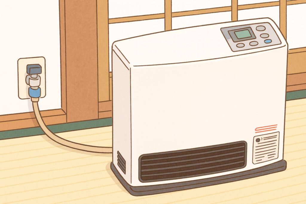 和室の床に置かれたガスファンヒーターが壁のガス栓にガスコードで接続されている様子を描いたイラスト。畳と障子のある室内で設置状況がわかる構図。