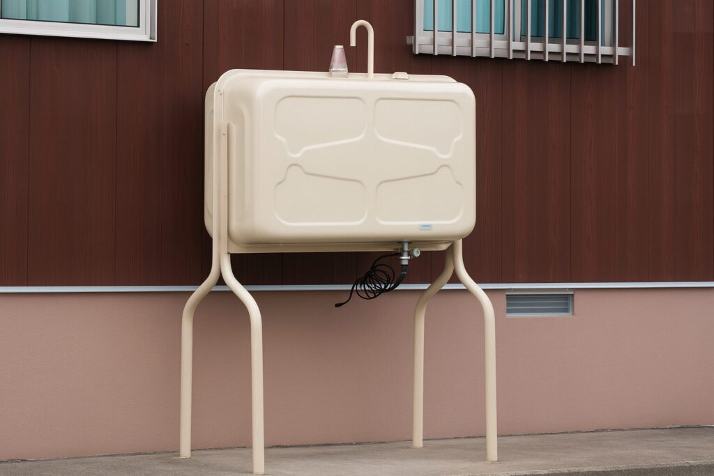 外壁に設置された脚付きのホームタンクが写っており、ベージュ色の灯油タンクと金属製スタンド、給油口やホース部分のディテールが確認できる屋外の様子。