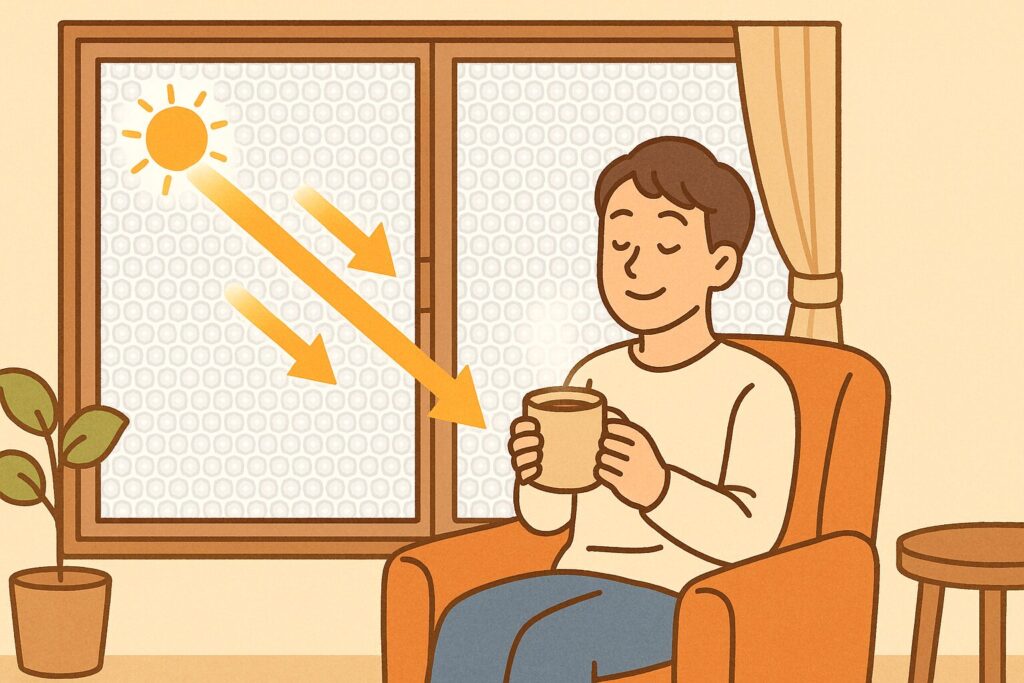 窓ガラス全面に断熱シートが貼られ、室内で温かい飲み物を手にくつろぐ人物が描かれたイラスト。外気を遮り、部屋が暖かく保たれている様子を表している。