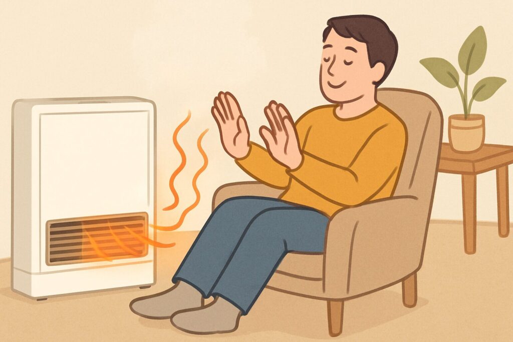 ガスストーブの温風で手を温めながらリラックスして過ごしている人を描いたイラスト