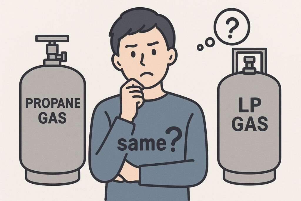 プロパンガスとLPガスの違いについて悩んでいる人物のイラスト。中央の男性が顎に手を当てて考え込んでおり、左右には「PROPANE GAS」と「LP GAS」と書かれたガスボンベが並んでいる。