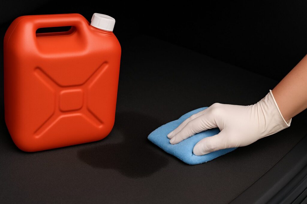 車の荷室で灯油がこぼれて広がっている箇所を、手袋をした手が青い布で拭き取っている様子が写されたイメージ。横に赤いポリタンクが置かれている。