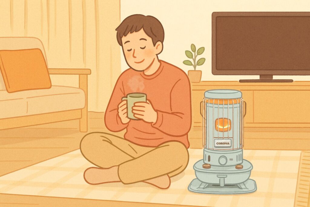 灯油ストーブの柔らかな明かりのそばで、床に座りながら温かい飲み物を手にくつろぐ人のイラスト。落ち着いた室内にストーブの暖かさが広がっている様子。