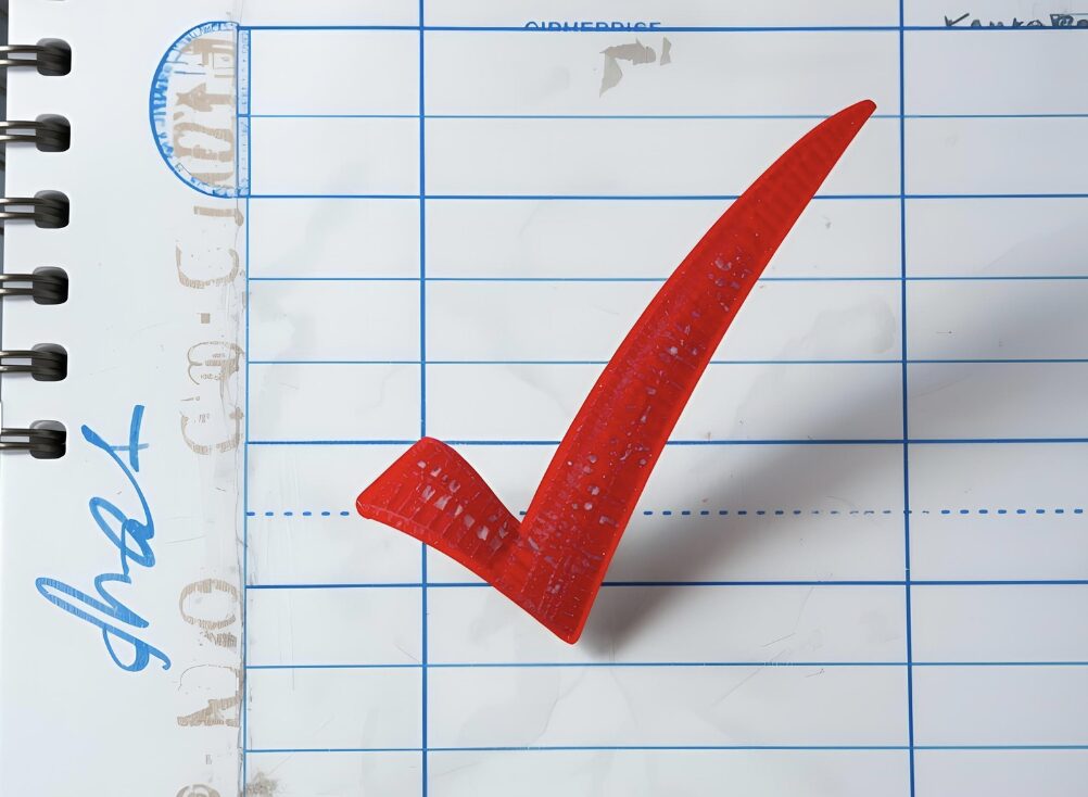 ノートに大きな赤いチェックマークが描かれた画像。点検や確認のイメージを表している。