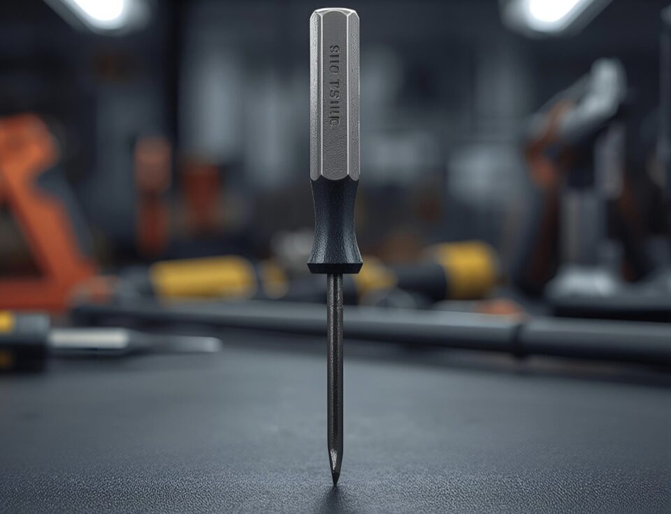 黒い作業台の上に立てられたプラスドライバーの画像。整備やメンテナンスの作業をイメージしている。