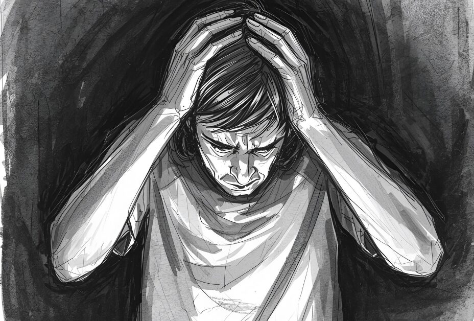 両手で頭を抱え、苦悩した表情を浮かべる人物のモノクロイラスト。トラブルや悩みを抱える状況を表している。