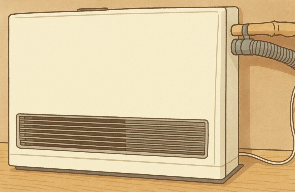 白いガスストーブ本体と背面へ伸びる排気ホースを、やわらかいタッチのイラスト風で描いた画像。木目の床と壁の前にストーブが設置されている様子が表現されている。