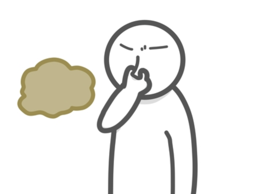 鼻をつまみながら不快なにおいに顔をしかめている人物が、横に漂う臭気のようなもやを見ているイラスト。