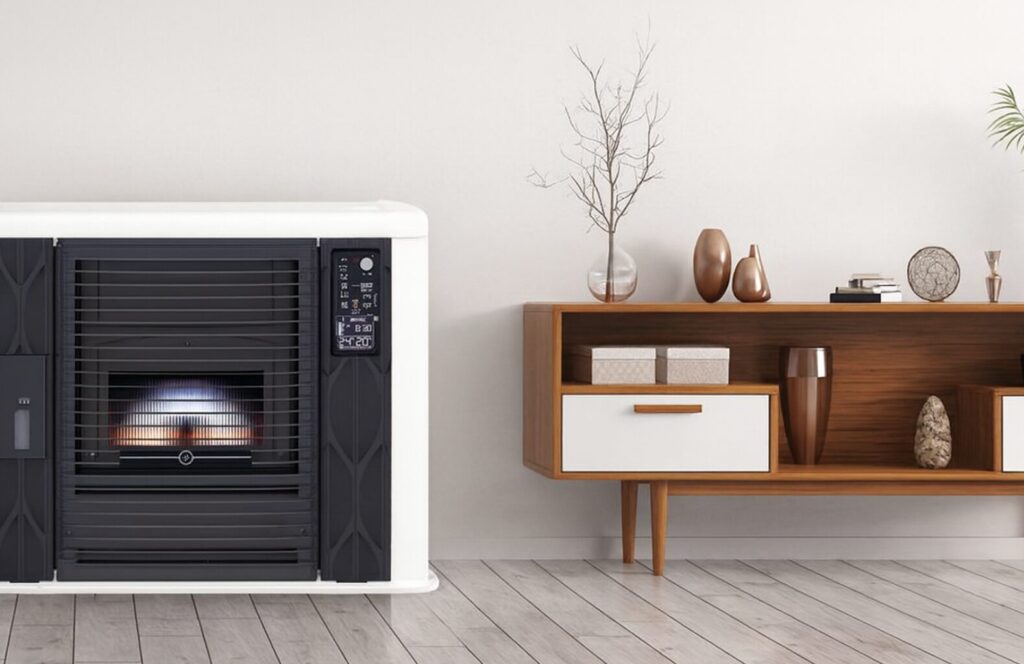 白い筐体の大型石油ストーブがリビングの左側に設置され、右側には木製のサイドボードが並ぶ落ち着いたインテリアの室内風景。ストーブ内部が柔らかく発光し、周囲の家具や装飾品と調和した温かみのある空間を表している。