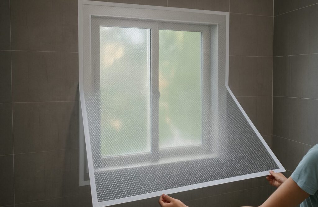 窓に気泡入りの断熱シートを全面に取り付けている様子が写されており、室内側から両手でシートを押し当てて固定している場面が見える。