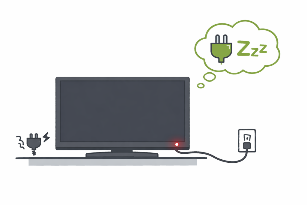 テレビの電源を切った状態で、画面は消えているものの本体の待機ランプが点灯し、コンセントにつながれたまま待機電力が発生している様子をシンプルに表現したイラスト