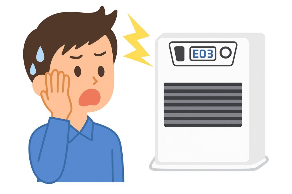 エラー「E03」が表示された石油ファンヒーターを前に、男性が驚いて焦っている様子を描いた横長イラスト。冷や汗を流しながらストーブの異常に気づいた場面を表現している。