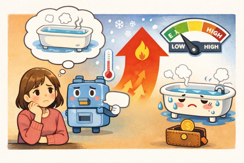 お風呂の追い焚きを使うか迷い、ガス代が気になって考え込んでいる人物と、湯気の立つ浴槽をシンプルに描いたイメージイラスト