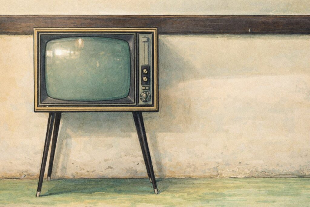 古いブラウン管テレビが脚付きで部屋の壁際に置かれている様子を、やわらかなタッチと落ち着いた色合いで描いたイラスト。レトロなテレビ本体と静かな室内の雰囲気が伝わる構図。