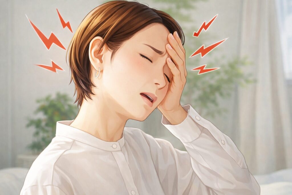 片手で額を押さえ、目を閉じて頭痛に耐えている様子の女性を描いた、室内背景のシンプルなイラスト。