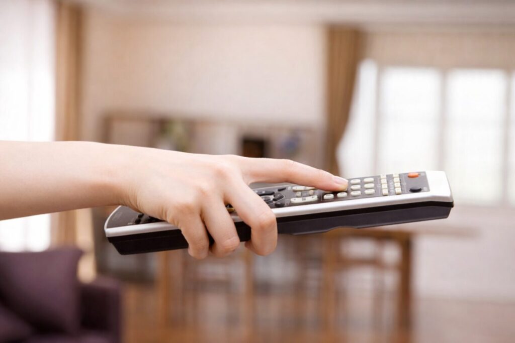 室内のリビングで、手に持ったテレビのリモコンのボタンを押している様子を横から捉えた構図。背景はぼかされ、操作する手元にピントが合っている。