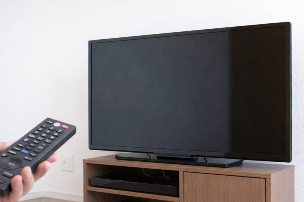 電源が入っていない黒いテレビが木製テレビ台の上に置かれ、手前ではリモコンを持った手がテレビに向けられている室内の様子
